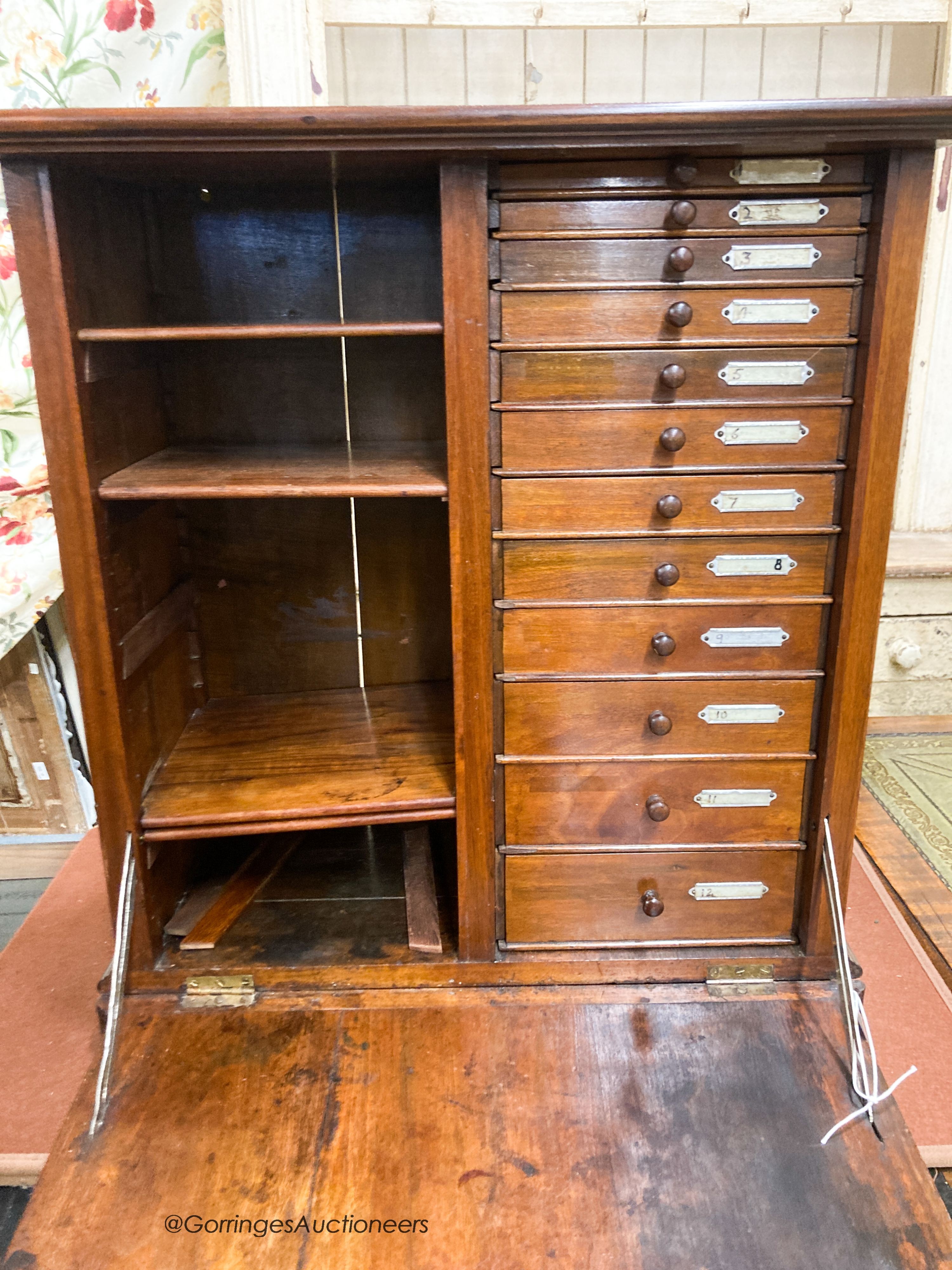 A late 19th century French oak and walnut fall front collector's cabinet, W.59cm D.29cm H.65cm